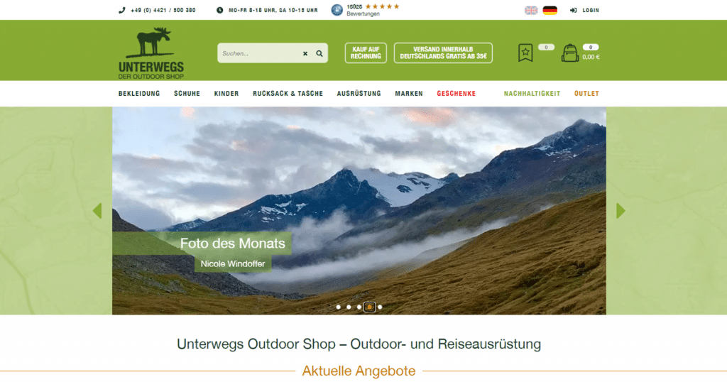 Der Outdoor Shop von Unterwegs im neuen Design mit der ShopSoftware