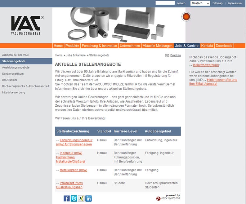 Professionelle Recruiting Software bei der Vacuumschmelze rexx systems