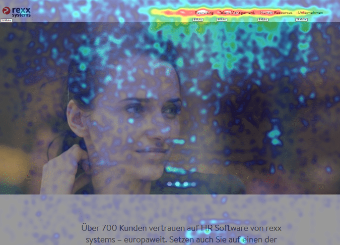 Eine Heatmap. welche die Mausbewegungen auf dem Screen zeigt. Man sieh die Konzentration im Menü und dort den Hotspot "Recruiting"