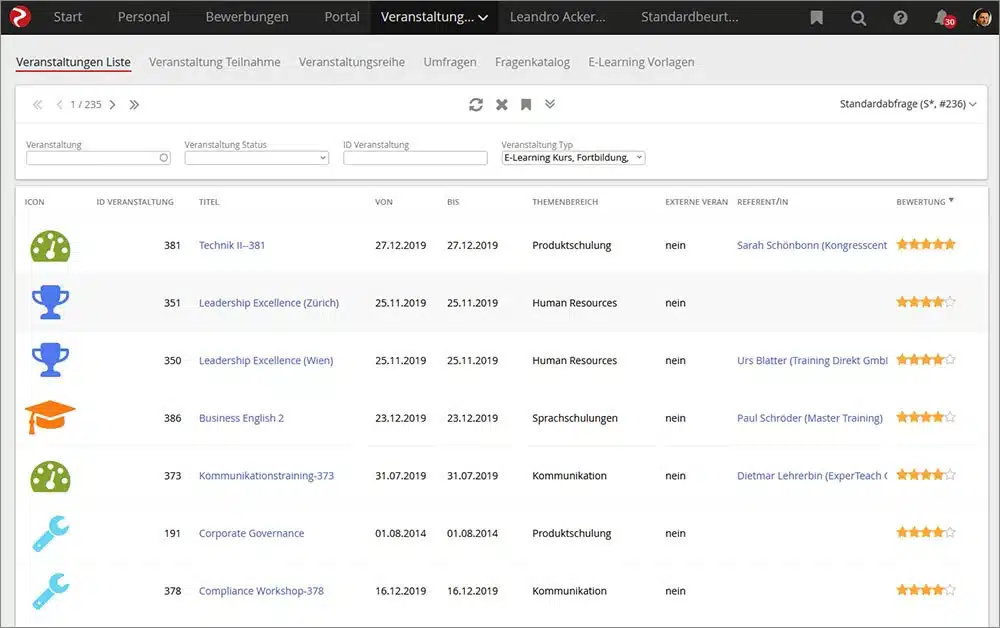 Liste der Veranstaltungen im Learning Management System LMS Liste mit E-Learnings, Seminaren und Veranstaltungen