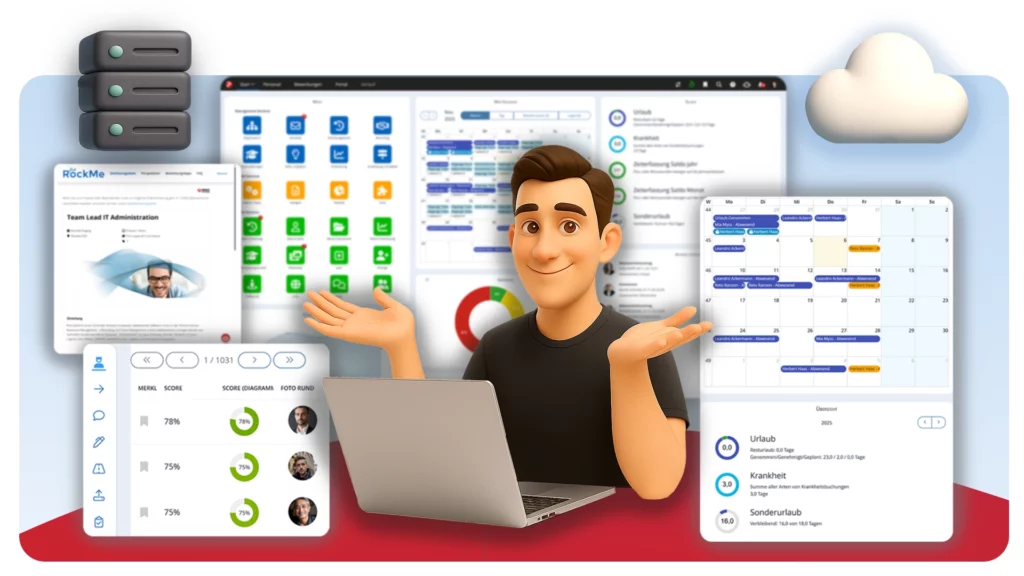 HR-Software als Cloud-Service oder On-Premises Lösung zeigt Dashboard, Kalender und HR-Module für flexiblen Betrieb