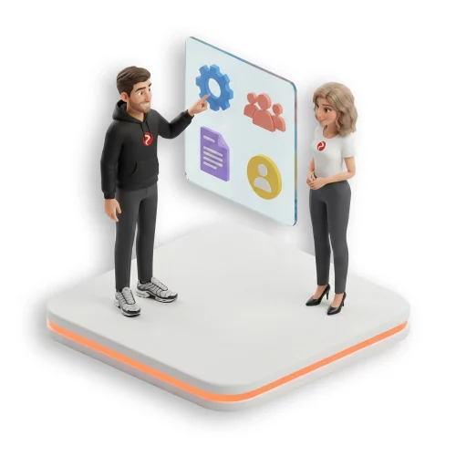 HR-Software Module auswählen in der Systemeinführung zeigt zwei Personen vor einer digitalen Oberfläche mit Funktionen und HR-Modulen