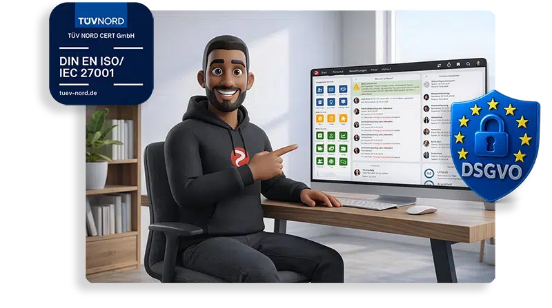 Mitarbeiter sitzt am Schreibtisch und zeigt auf ein HR-Dashboard auf dem die HR-Software von Rexx Systems für effiziente Personalprozesse zu sehen ist.